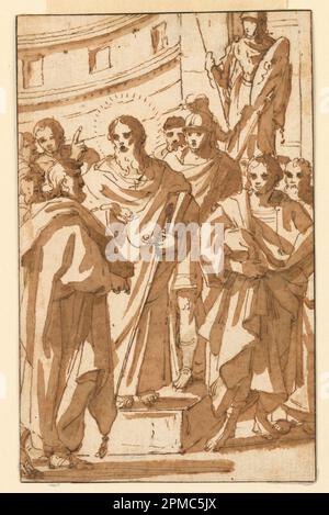 Dessin, St. Paul prêchant sur l'Areopagus d'Athènes; attribué à Charles Mellin (1620–1649); Italie; encre de plume et brune, brosse et lavage brun; 14,7 x 9,2 cm (5 13/16 x 3 5/8 po) Banque D'Images