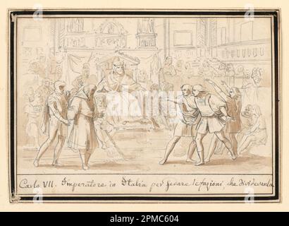 Dessin, réconciliation des ennemis en Italie par l'empereur Henri VII; Italie; graphite, pinceau et bistre sur papier; 11,4 x 15,8 cm (4 1/2 x 6 1/4 po) Banque D'Images