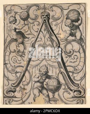 Imprimé, panneau avec la lettre « A » du « Newes ABC Büechlein »; imprimerie : Lukas Kilian (allemand, 1579 – 1637); Allemagne; gravure sur papier blanc cassé; 13,7 × 11,4 cm (5 3/8 × 4 1/2 po) Banque D'Images