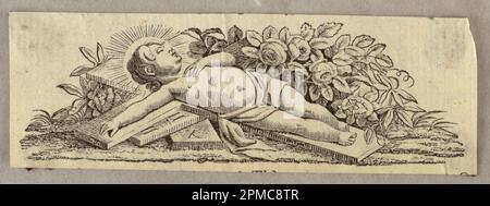 Imprimé, vignette, le Christ Boy dormir sur une croix; France; gravure en bois sur papier; 3,2 × 9,5 cm (1 1/4 × 3 3/4 po); 1945-200-430 Banque D'Images