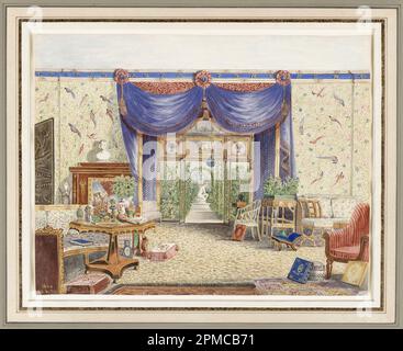 Dessin, intérieur de la salle chinoise, en regardant vers le Conservatoire, Middleton Park, Oxfordshire; William Alfred Delamotte; Angleterre; Pinceau et aquarelle, gouache, peinture or, graphite sur papier vélin blanc; tapis : 40,6 x 55,9 cm (16 x 22 po) Feuille : 24,5 x 31,3 cm (9 5/8 x 12 5/16 po) Cadre H x l x P : 40 x 50,2 x 2,5 cm (15 3/4 po. x 19 3/4 po X 1 po.); collecte de décongélation; 2007-27-27 Banque D'Images