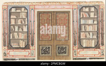 Dessin, conception pour la porte et la bibliothèque, probablement pour la bibliothèque King's Library, Royal Pavilion, Brighton; Frederick Crace (anglais, 1779–1859); Angleterre ; pinceau et aquarelle, graphite sur papier vélin blanc ; tapis : 40,6 x 55,9 cm (16 x 22 po) 10,3 x 18,8 cm (4 1/16 x 7 3/8 po) Banque D'Images