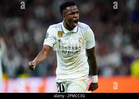 Madrid, Espagne. 12/04/2023, Vinicius Jr du Real Madrid lors du match de la Ligue des champions de l'UEFA, quart-finale, 1st pieds entre le Real Madrid et le Chelsea FC joué au stade Santiago Bernabeu sur 12 avril 2023 à Madrid, Espagne. (Photo de Sergio Ruiz / PRESSIN) Banque D'Images