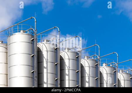 Silos en acier inoxydable contre le ciel bleu. Entrepôts pour le stockage de matières plastiques et de grains en vrac. Banque D'Images