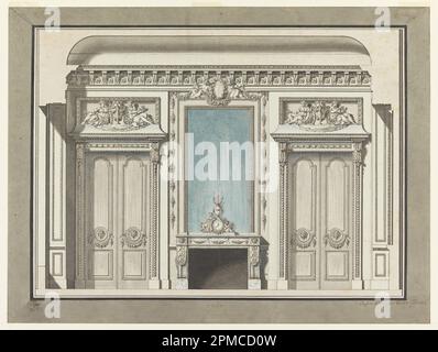 Dessin, élévation murale pour un salon avec cheminée; architecte: Louis-Gustave Taraval (français, 1738 – 1794); France; stylo et encre noire, pinceau et aquarelle rose et bleue sur papier; 43 x 67,5 cm (16 15/16 x 26 9/16 po) Banque D'Images