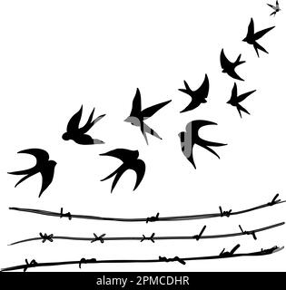 Flock swacles oiseaux silhouette noire sur fond blanc Illustration de Vecteur