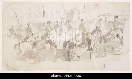 Drawing, Sixth Cavalry Regiment du général McClellan, embarquant à Alexandria pour Old point Comfort; Winslow Homer (américain, 1836–1910); États-Unis; graphite, pinceau et nettoyant gris sur papier crème ; 21,9 x 40,3 cm (8 5/8 x 15 7/8 po.) Banque D'Images