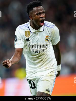 Madrid, Espagne. 12/04/2023, Vinicius Jr du Real Madrid lors du match de la Ligue des champions de l'UEFA, quart-finale, 1st pieds entre le Real Madrid et le Chelsea FC joué au stade Santiago Bernabeu sur 12 avril 2023 à Madrid, Espagne. (Photo de Sergio Ruiz / PRESSIN) Banque D'Images