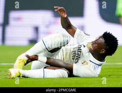 Madrid, Espagne. 12/04/2023, Vinicius Jr du Real Madrid lors du match de la Ligue des champions de l'UEFA, quart-finale, 1st pieds entre le Real Madrid et le Chelsea FC joué au stade Santiago Bernabeu sur 12 avril 2023 à Madrid, Espagne. (Photo de Sergio Ruiz / PRESSIN) Banque D'Images