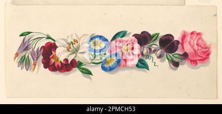 Dessin, arrangement des gloires du matin, roses de mousse, nénuphars et autres fleurs; Angleterre; pinceau et aquarelle sur papier crème ; 10 x 22 cm (3 15/16 x 8 11/16 po) Banque D'Images