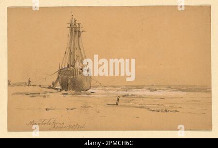 Dessin, au bord de la mer à Mantoloking; Howard Russell Butler (américain, 1856 - 1934); États-Unis; crayon noir. accentuation des blancs. Papier brun clair ; feuille : 19,5 x 11,8 cm (7 11/16 x 4 5/8 po.) Banque D'Images