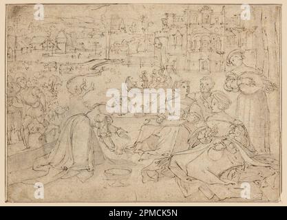 Dessin, Recto: Le mois d'avril (Figures dans un parc près d'un château); Verso: Jeunes des trois âges de l'homme (?)(Merry-makers); peut-être par Maître des mois de Lucas (Netherlandish); attribué à Pieter Coecke van Aelst (Netherlandish, 1502 – 1550); pays-Bas; stylo et encre brune, pinceau et lavage brun sur papier crème ; 15 x 21 cm (5 7/8 x 8 1/4 po.) Banque D'Images
