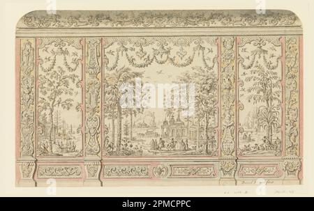 Dessin, dessin pour décoration murale chinoiserie; réalisé par Daniel Marot (français, actif aux pays-Bas et en Angleterre, 1661–1752); pays-Bas; stylo et encre noire; pinceau et rose, aquarelle jaune et bleu clair, gouache blanc; graphite sur papier blanc cousu; 29,3 x 47,9 cm (11 9/16 x 18 7/8 po) Banque D'Images