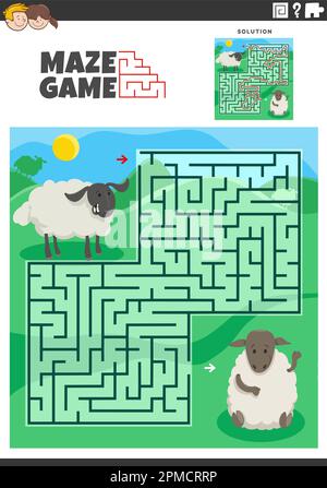 Illustration de dessin animé de l'activité pédagogique de puzzle de labyrinthe pour les enfants avec des personnages animaux de ferme de moutons drôles Illustration de Vecteur