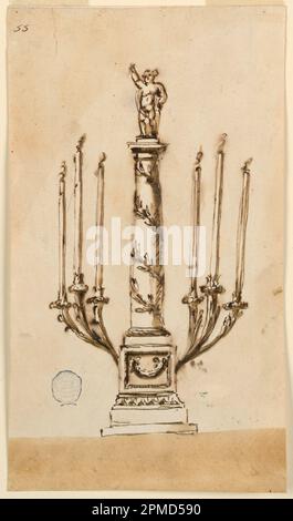 Dessin, Candlestick; conçu par Giuseppe Valadier (italien, 1762–1839); architecte: Giuseppe Barberi (italien, 1746–1809); Italie; stylo et encre brune, pinceau et lavage brun sur papier blanc cassé, doublé; image: 26,2 x 15,1 cm (10 5/16 x 5 15/16 po) Banque D'Images