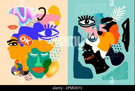 Un ensemble d'art abstrait avec des visages de personnes dans différentes formes et textures. Illustration du vecteur créatif bien-être. Illustration de Vecteur