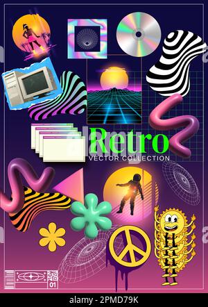 Rétro 80s et 90s retrowave et postmodernes autocollants textures et éléments. Illustration vectorielle Illustration de Vecteur