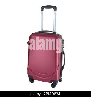 Vue latérale d'une valise violette isolée sur fond blanc avec passe-cheveux, grande valise à bagages en polycarbonate, grand sac de voyage en plastique Banque D'Images