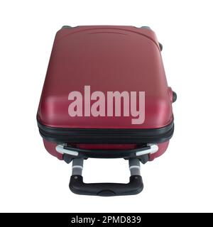 Partie supérieure de la valise violette isolée sur fond blanc avec passe-cheveux, grande valise à bagages en polycarbonate, grand sac de voyage en plastique Banque D'Images