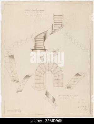 Dessin, développement de plan et élévation pour un escalier en spirale tournant à droite; maquette: Adolph Bordeaux (français, actif 1880–1890); France; graphite, pinceau et aquarelle, stylo et encre noire sur papier vélin crème ; 57,3 x 45,4 cm (22 9/16 x 17 7/8 po.) Tapis : 71,1 x 55,9 cm (28 x 22 po) Banque D'Images