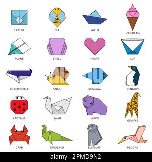 Ensemble de vecteurs Origami de différents objets colorés. Illustration de Vecteur