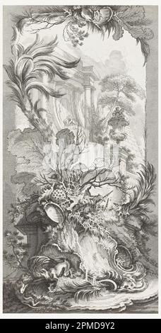 Imprimé, Rocaille (rococo design), à Nouveaux morceaux pour les paravents (nouveaux concepts pour écrans); conçu par François Boucher (français, 1703–1770); gravé par Claude Augustin Duflos (français, 1700–1786); France; gravure, gravure sur papier blanc; 49,4 x 24,8 cm (19 7/16 x 9 3/4 po) Cadre : 60,3 x 44,8 x 2,5 cm (23 3/4 x 17 5/8 x 1 po) Tapis : 55,9 x 40,6 cm (22 x 16 po) Banque D'Images