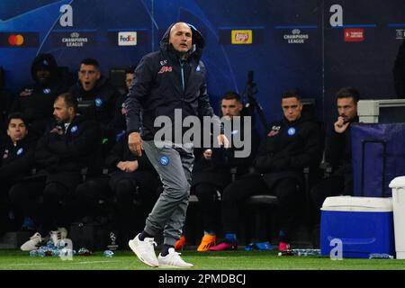 L'entraîneur en chef Luciano Spalletti (SSC Napoli) pendant la Ligue des champions de l'UEFA, quart de finale, match de football de 1st jambes entre l'AC Milan et la SSC Napoli sur 12 avril 2023 au stade San Siro de Milan, Italie - photo Luca Rossini / E-Mage Banque D'Images