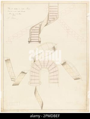 Dessin, élévation et plan pour un escalier en spirale; maquette: Adolph Bordeaux (français, actif 1880–1890); France; graphite, pinceau et aquarelle, Stylo et encre noire sur papier crème ; feuille : 54,9 x 44 cm (21 5/8 x 17 5/16 po.) Banque D'Images