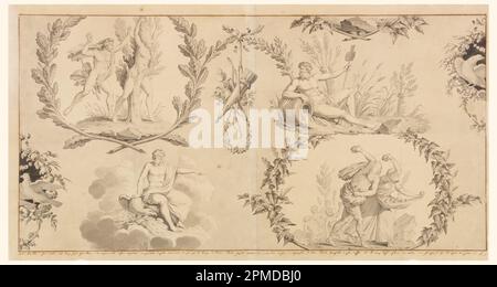 Dessin, dessin pour textile de coton imprimé: Les quatre éléments [les quatre éléments]; éventuellement par Bonaventure M. Lebert (1759–1836); fabriqué par Hartmann et fils (France); France; stylo et encre grise, pinceau et lavage sur papier blanc, monté; 53 x 98 cm (20 7/8 x 38 9/16 po) Banque D'Images