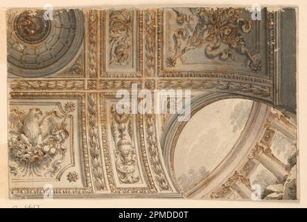 Dessin, projet pour un plafond oblong peint; architecte: Flaminio Innocenzi Minozzi (italien, 1735 – 1817); Italie; stylo et encre brune, pinceau et lavage brun et gris sur papier, doublé de papier blanc à texture lourde avec cadre lithogrphé et lignes géométriques avec stylo et encre noire sur graphite; 24 x 15,9 cm (9 7/16 x 6 1/4 po) Banque D'Images