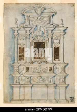 Dessin, dessin pour un monument mural sépulchral; attribué à Girolamo Rainaldi; Italie; stylo et encre brune avec lavage bleu sur vélin; 22,8 × 16,2 cm (9 po. × 6 3/8 po) Banque D'Images