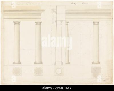 Dessin, élévation de la section d'un mur avec colonnes et arche à droite; maquette: Adolph Bordeaux (français, actif 1880–1890); France; graphite, pinceau et aquarelle, Stylo et encre brune sur papier crème; feuille: 43,3 x 57,6 cm (17 1/16 x 22 11/16 po.) Banque D'Images