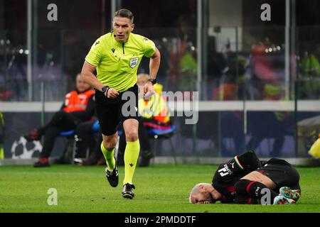 Milan, Italie. 12th avril 2023. Istvan Kovacs (arbitre) lors de la Ligue des champions de l'UEFA, en quarts de finale, match de football de 1st jambes entre l'AC Milan et la SSC Napoli sur 12 avril 2023 au stade San Siro de Milan, Italie - photo Morgese-Rossini/DPPI crédit: DPPI Media/Alay Live News Banque D'Images