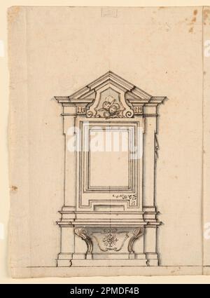 Dessin, croquis de l'élévation des autels; Italie; craie noire, stylo, encre, couleurs de pinceau et d'eau grise sur le papier Banque D'Images