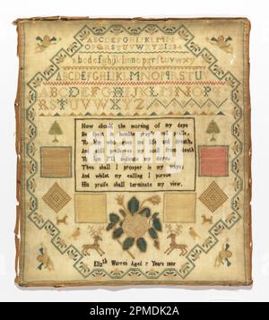 Sampler (Angleterre); brodé par Elizabeth Warren (anglais, n. ca. 1808); broderie de soie sur la base de laine Banque D'Images