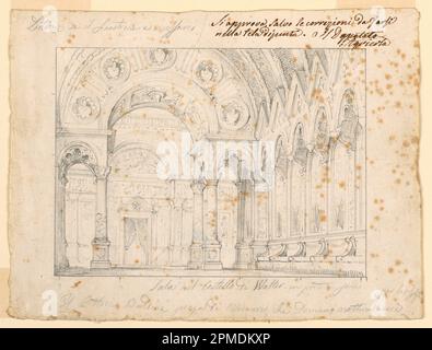 Dessin, intérieur du château de Walter, scène pour l'acte V de "Luisa Miller" de Giuseppe Verdi, produit au Teatro San Carlo, Naples; conçu par Vincenzo Baldini (italien, 1809 - 1881); Italie; graphite sur papier Banque D'Images