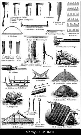 Outils de travail pour la récolte du bois. Publication du livre 'Meyers Konversations-Lexikon', Volume 2, Leipzig, Allemagne, 1910 Banque D'Images