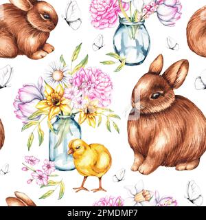 Motif aquarelle sans couture avec lapins, fleurs sur fond blanc pour la conception de tissus, textile, papier peint, carte postale, linge, vêtements Banque D'Images