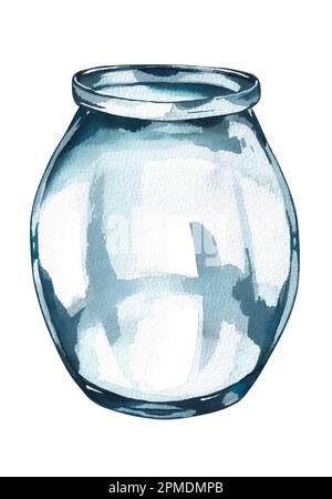 Vase vide en verre aquarelle sur fond blanc. Pot vide isolé pour carte de dessin, invitation, emballage, carte de visite, produits floraux Banque D'Images