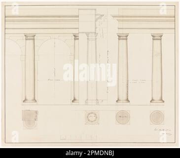 Dessin, élévation de la section d'un mur avec colonnes et arche à gauche; maquette: Adolph Bordeaux (français, actif 1880–1890); France; graphite, pinceau et aquarelle, Stylo et encre brune sur papier crème; feuille: 45,9 x 56 cm (18 1/16 x 22 1/16 po.) Banque D'Images