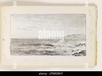 Carnet d'esquisses Folio, Waves on Rocks devant la colline lointaine avec moulin à vent ; William Trost Richards (américain, 1833–1905) ; États-Unis ; stylo et encre noire sur papier vélin blanc cassé ; 8,8 x 15,5 cm (3 7/16 x 6 1/8 po) Feuille : 12,3 x 19,5 cm (4 13/16 x 7 11/16 po) Banque D'Images