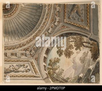 Dessin, projet pour un plafond oblong peint; architecte: Flaminio Innocenzi Minozzi (italien, 1735 – 1817); Italie; stylo et encre brune, pinceau et vert, gris et brun laver sur papier, doublé de papier blanc à texture lourde avec cadre lithographié et lignes géométriques en stylo et encre noire sur graphite; 24 x 19,6 cm (9 7/16 x 7 11/16 po) Banque D'Images