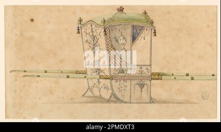 Dessin, dessin pour une chaise de berline; conçu par Unknown (Anglais); Angleterre; stylo et encre noire; pinceau et gris, aquarelle rouge, verte et bleue sur graphite sur papier brun clair; 24,6 × 41,1 cm (9 11/16 × 16 3/16 po.) Banque D'Images