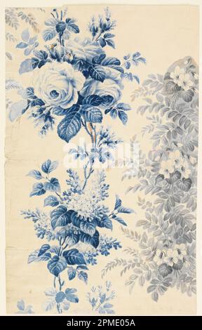 Dessin, dessin pour tissu fleuri ou papier peint ; FRANCE et Etats-Unis ; pinceau et gouache bleu et gris, graphite sur papier vélin Banque D'Images