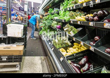 Miami Florida Doral, Walmart Supercenter discount grand département de boîte, commis associé de stock, légumes verts salade salade asperges, magasin affaires Banque D'Images