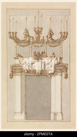 Dessin, Décoration d'un portail en l'honneur d'un prélate; conçu par Paolo Pozzi; Italie; stylo et encre, pinceau et aquarelle sur papier gris à fibres bleues; 22,2 x 14,6 cm (8 3/4 x 5 3/4 po.) Banque D'Images