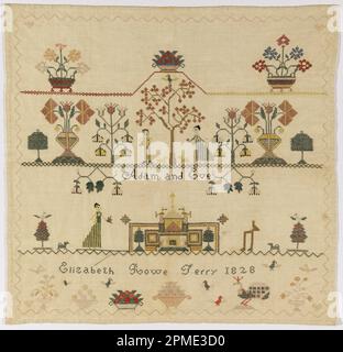 Sampler (USA); brodé par Elizabeth Rowe Terry, américain; broderie de soie sur la fondation en lin Banque D'Images