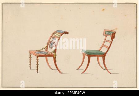 Dessin, dessin pour deux chaises; conçu par Jean Démosthène Dugourc (français, 1749–1825); attribué à Georges Jacob (français, 1739–1814), Henri Jacob (1753–1824); Allemagne; pinceau et aquarelle, stylo et encre noire, graphite sur papier blanc couché, bordure réglée en stylo et encre noire ; 21,2 x 34,1 cm (8 3/8 x 13 7/16 po.) Tapis : 35,6 x 45,7 cm (14 x 18 po) Banque D'Images