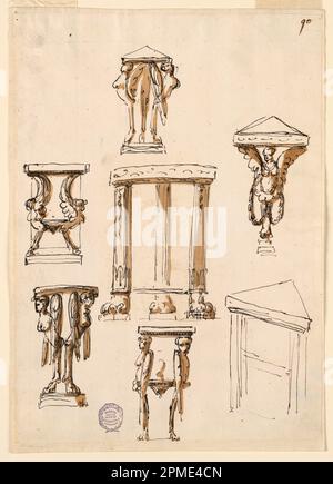 Dessin, tables de console; architecte: Giuseppe Barberi (italien, 1746–1809); Italie; stylo et encre brune, pinceau et lavage brun sur papier blanc cassé, doublé; image: 27,3 x 19,6 cm (10 3/4 x 7 11/16 po.) Banque D'Images