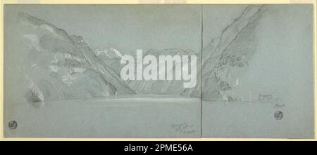 Dessin, vue du lac Konigssee avec le Falkenstein, près de Berchtesgaden, Bavière, Allemagne, partie 2; Église Frédéric Edwin (américaine, 1826–1900); Allemagne; graphite, pinceau et gouache blanc sur papier bleu; feuille: 44,2 x 30,3 cm (17 3/8 x 11 15/16 po) Banque D'Images